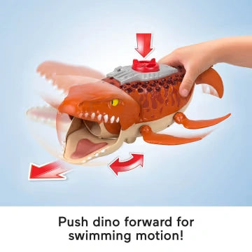 Fisher-Price Imaginext Aquachomp Mosasaurus with hand pressing the top button and arrows showing movement