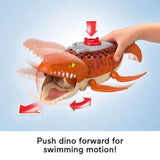Fisher-Price Imaginext Aquachomp Mosasaurus with hand pressing the top button and arrows showing movement