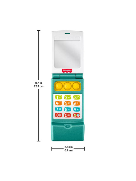 Fisher-Price Laugh & Learn Flip Phone with height and width dimensions shown