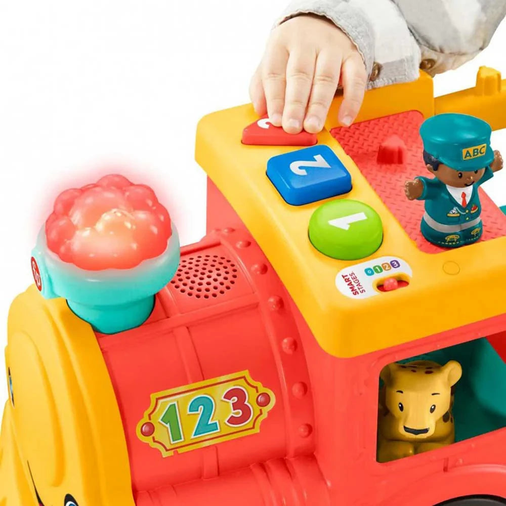Close view of the number buttons and light up smokestack on the Fisher Price ABC Animal Train