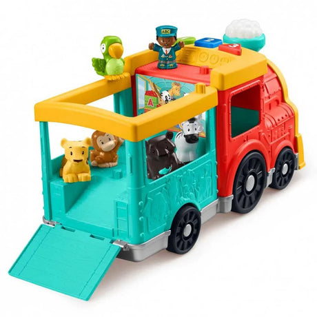 Fisher Price Little People Big ABC Animal Train with the rear ramp open and animal figures inside