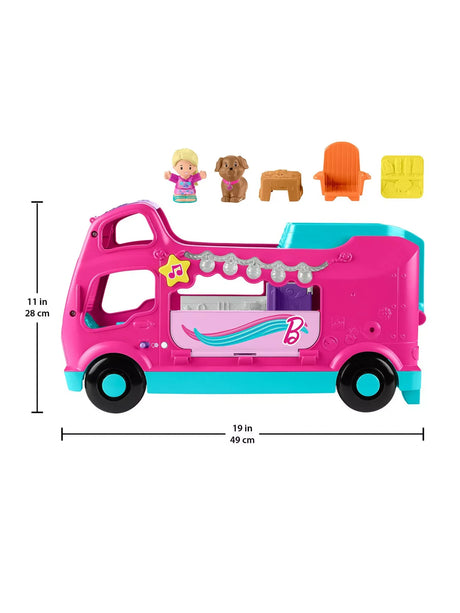 Fisher Price Little People Barbie Little Dream Camper with height and width measurements beside play pieces for toddlers.