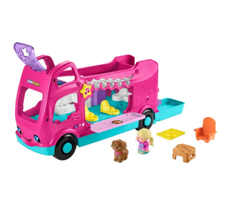 Fisher Price Little People Barbie Little Dream Camper opened as playset with figures, dog, and camping accessories.