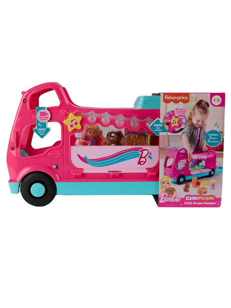 Fisher Price Little People Barbie Little Dream Camper toy in retail packaging showing lights, figures, and camper details.