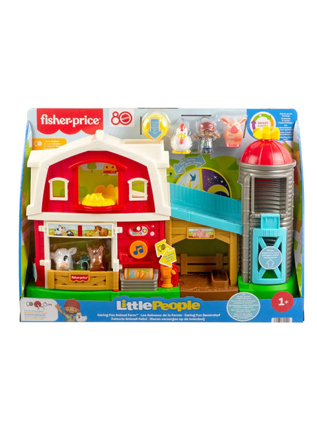 Fisher-Price Little People Caring Fun Animal Farm boxed set showing barn, animals, and farmer figures.