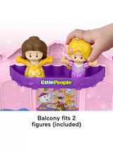 Fisher Price Little People Disney Princess Belle and Rapunzel figures on purple balcony of musical carriage playset