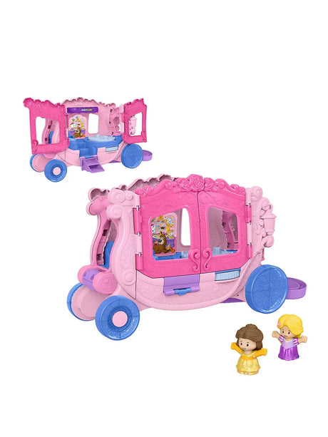 Fisher Price Little People Disney Princess Musical Carriage open showing pink coach, play areas, and Belle and Rapunzel figures