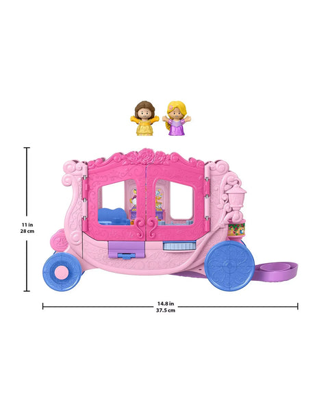 Fisher Price Little People Disney Princess Carriage with Belle and Rapunzel figures beside pink coach and measurement guide