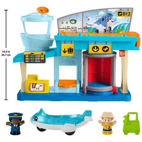 Fisher-Price Little People airport playset shown from the front with height measure, toy plane, figures and luggage
