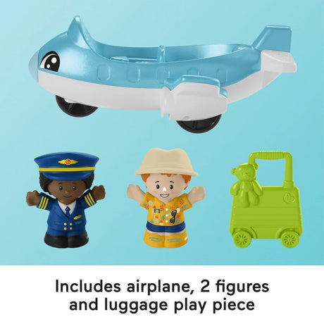 Blue toy plane with two Little People figures and green luggage piece