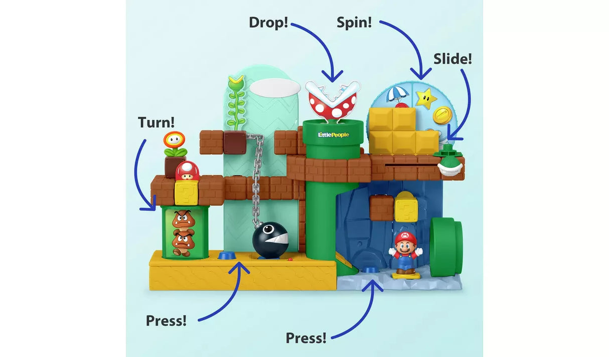 Fisher-Price Little People My Mario Adventure Playset action guide showing buttons, pipe, spinner and slide labels