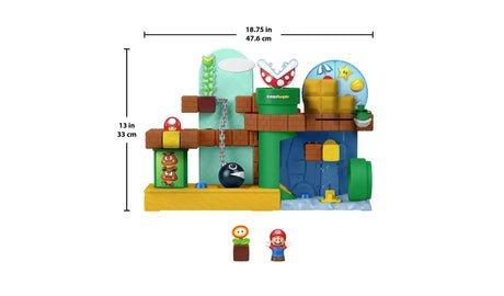 Fisher-Price Little People My Mario Adventure Playset dimensions diagram with Mario and Fire Flower figures
