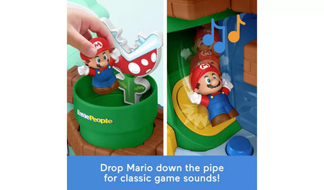 Fisher-Price Little People My Mario Adventure Playset close ups showing Mario in the pipe and on the yellow slide
