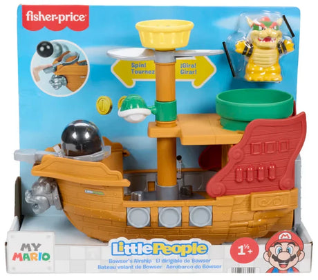 Fisher-Price Little People My Mario Bowser’s Airship box with ship playset, Bowser figure, green shell and black cannonball