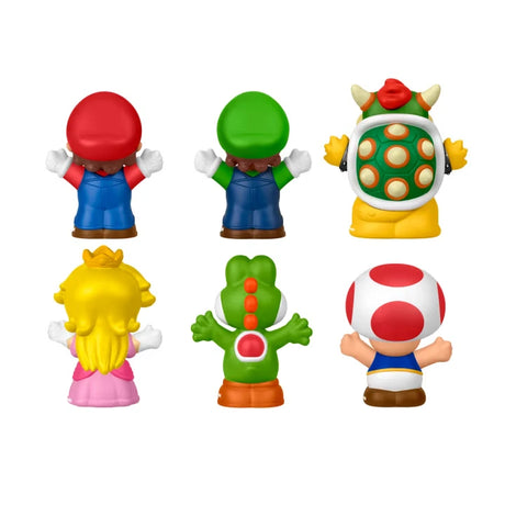Six Super Mario Little People figures shown from the back on a white background