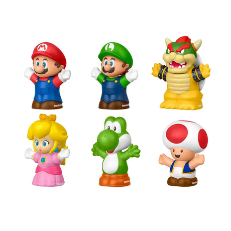 Mario, Luigi, Bowser, Princess Peach, Yoshi and Toad Little People figures shown from the front