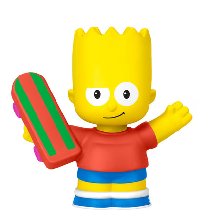 Fisher-Price Little People Bart figure wearing a red shirt and holding a red and green skateboard.