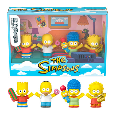 Fisher-Price Little People The Simpsons 4 Figure Set in its display box with Bart, Homer, Marge holding Maggie and Lisa shown below.