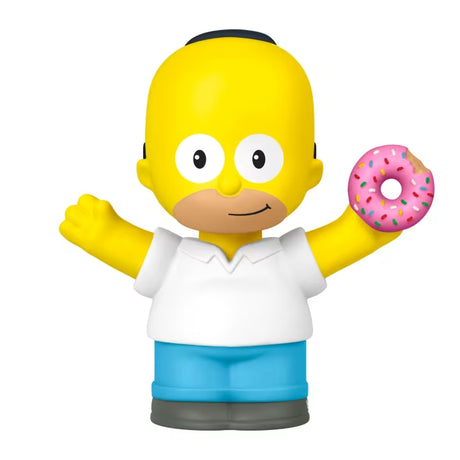 Fisher-Price Little People Homer figure wearing a white shirt and blue trousers while holding a pink doughnut.
