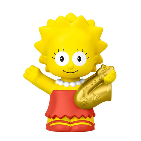 Fisher-Price Little People Lisa figure wearing a red dress and holding a gold saxophone.