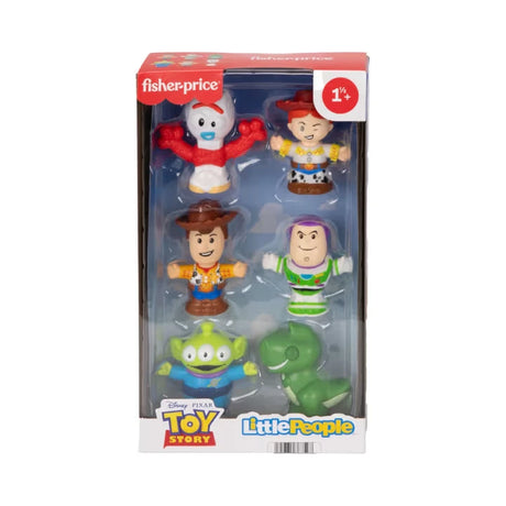 Fisher-Price Little People Toy Story 6 figure set packaging front showing Forky, Jessie, Woody, Buzz Lightyear, Alien and Rex
