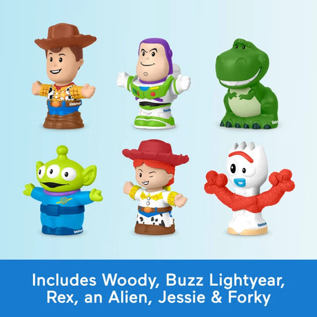 Fisher-Price Little People Toy Story figures showing Woody, Buzz Lightyear, Rex, Alien, Jessie and Forky