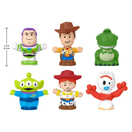 Fisher-Price Little People Toy Story figures shown with size reference line beside Buzz Lightyear