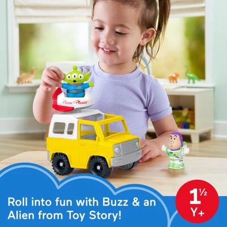 Child playing with Fisher-Price Little People Toy Story Pizza Planet truck, Alien figure and Buzz Lightyear figure
