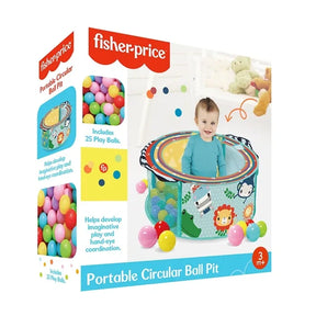 Fisher Price Portable Circular Ball Pit box showing baby sitting inside the circular ball pit with colourful animal graphics and 25 play balls