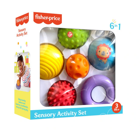 Fisher-Price Sensory Activity Set box with six colourful baby sensory toys visible through the front window