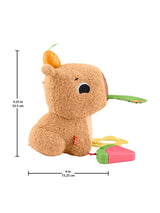 Fisher Price Snuggly Snacky Capybara plush sensory toy shown with measurements and colourful textured play parts.