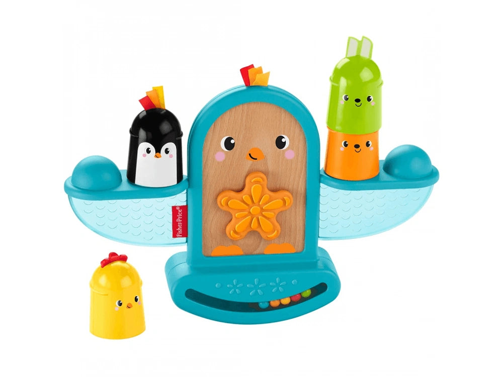 Fisher-Price Stack and Rattle Birdie rocking toy with four colourful animal stackers on a white background