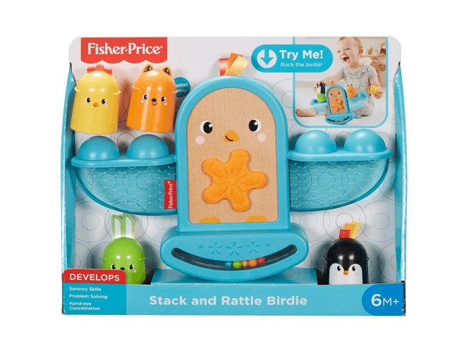 Fisher-Price Stack and Rattle Birdie toy in open front packaging with rocking bird base and four animal stackers
