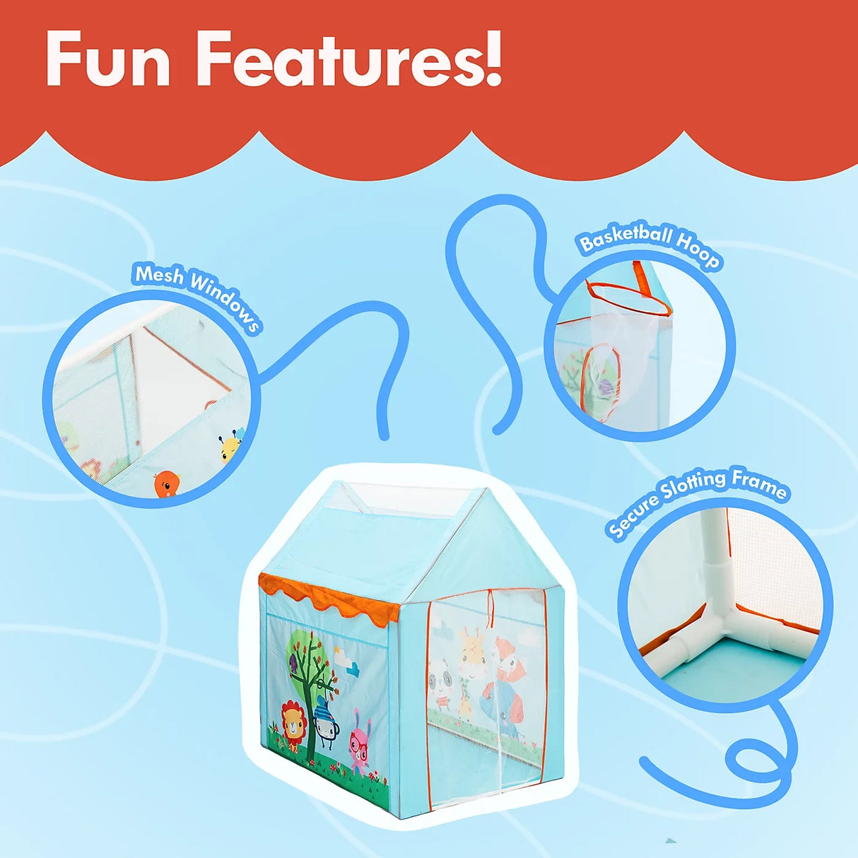 Fisher-Price Sunshine Tent Game House feature image showing mesh window, basketball hoop and secure seating frame callouts