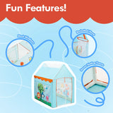 Fisher-Price Sunshine Tent Game House feature image showing mesh window, basketball hoop and secure seating frame callouts