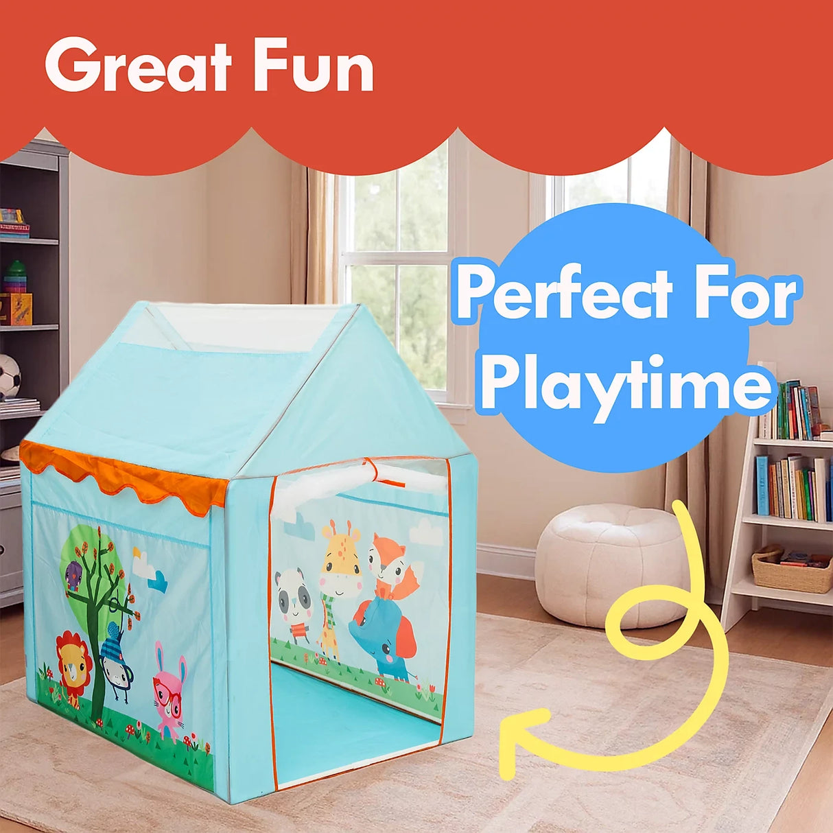 Fisher-Price Sunshine Tent Game House shown open in a playroom with animal graphics and Perfect For Playtime text