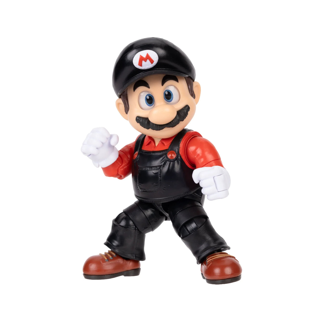 Flying Mario figure in black overalls, red shirt and black cap with both fists raised