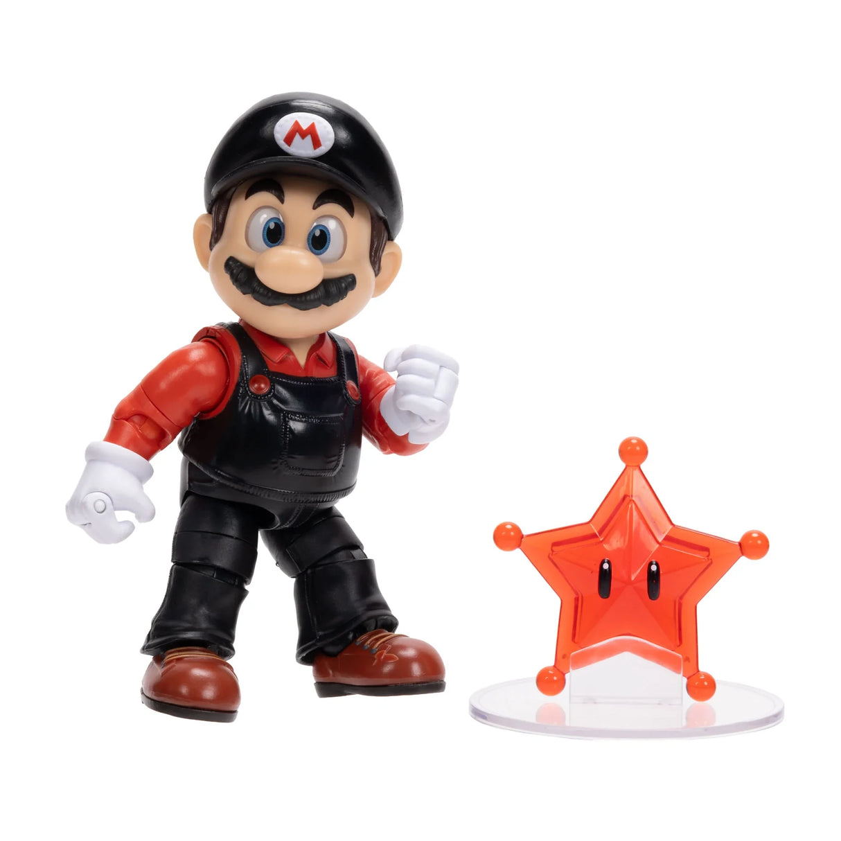 Flying Mario figure in black and red outfit with one fist raised beside the Red Star accessory on its stand