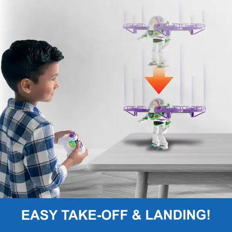 Child using the remote controller as Buzz Lightyear rises from and lands on a tabletop