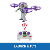 Buzz Lightyear flying above the remote controller with a wireless signal graphic and Launch and Fly text