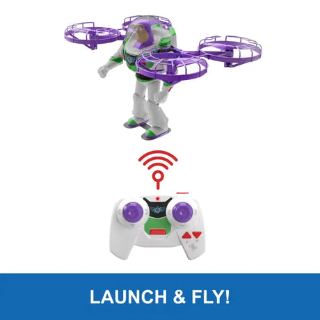 Buzz Lightyear flying above the remote controller with a wireless signal graphic and Launch and Fly text