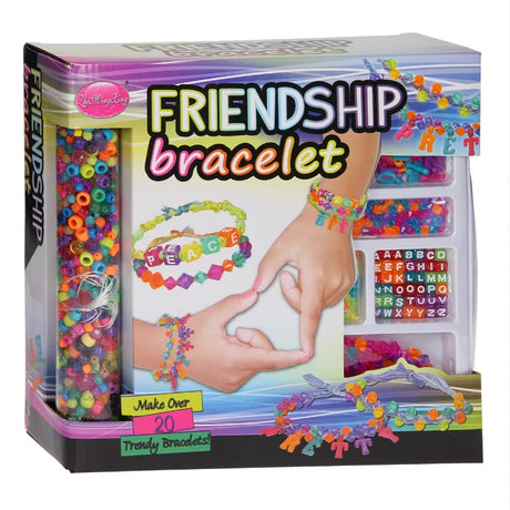 Friendship Bracelet craft kit box showing colourful beads, cords and sample bracelets made with letter beads