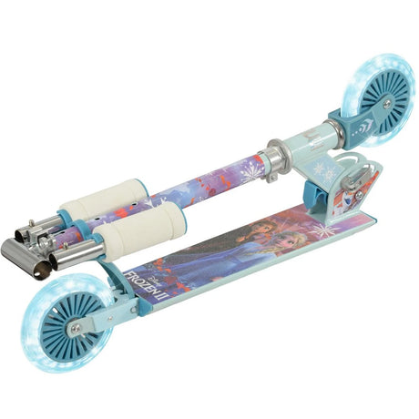 Disney Frozen Folding Inline Scooter shown in folded position, with light-up teal wheels lit and Frozen II character deck artwork visible