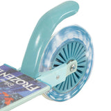 Close-up of the Disney Frozen Folding Inline Scooter rear teal light-up wheel showing sparkle light effect, teal mudguard and Frozen II printed deck edge