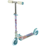Disney Frozen Folding Inline Scooter three-quarter front view showing teal frame, cream foam grips with snowflake end caps, Frozen II printed deck and two light-up teal wheels