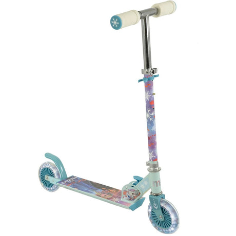 Disney Frozen Folding Inline Scooter three-quarter rear view showing teal frame, adjustable chrome stem with Frozen-printed column, Frozen II deck artwork and light-up teal wheels