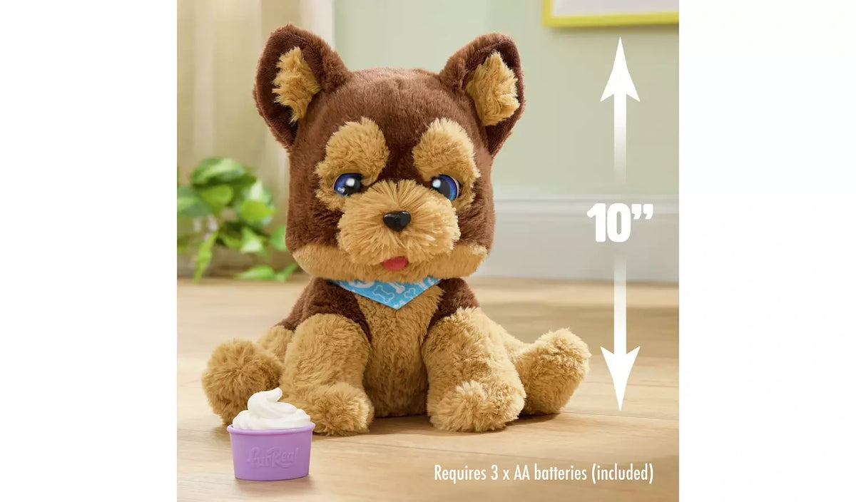 FurReal Benny the Kiss and Cuddle Pup showing 10 inch height and treat cup