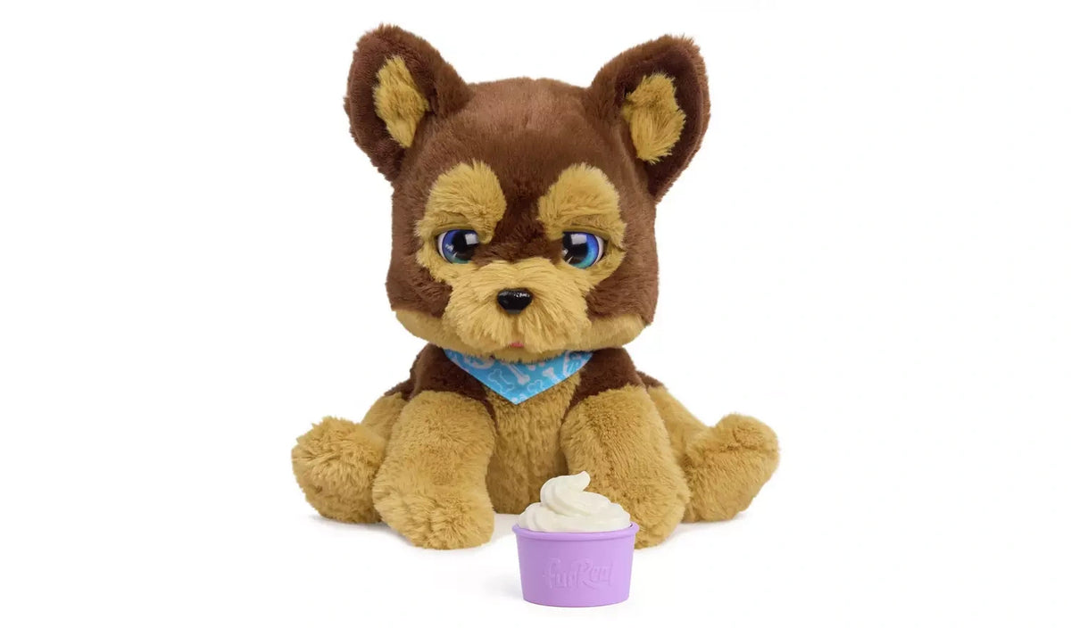 FurReal Benny the Kiss and Cuddle Pup seated with purple treat cup