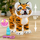 FurReal Gabby the Grow & Roar Tiger standing beside 15 inch height marker with bottle and tug toy