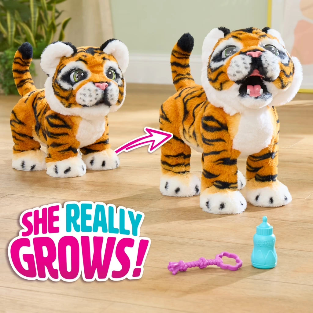 FurReal Gabby the Grow & Roar Tiger shown at two heights with bottle and purple tug toy